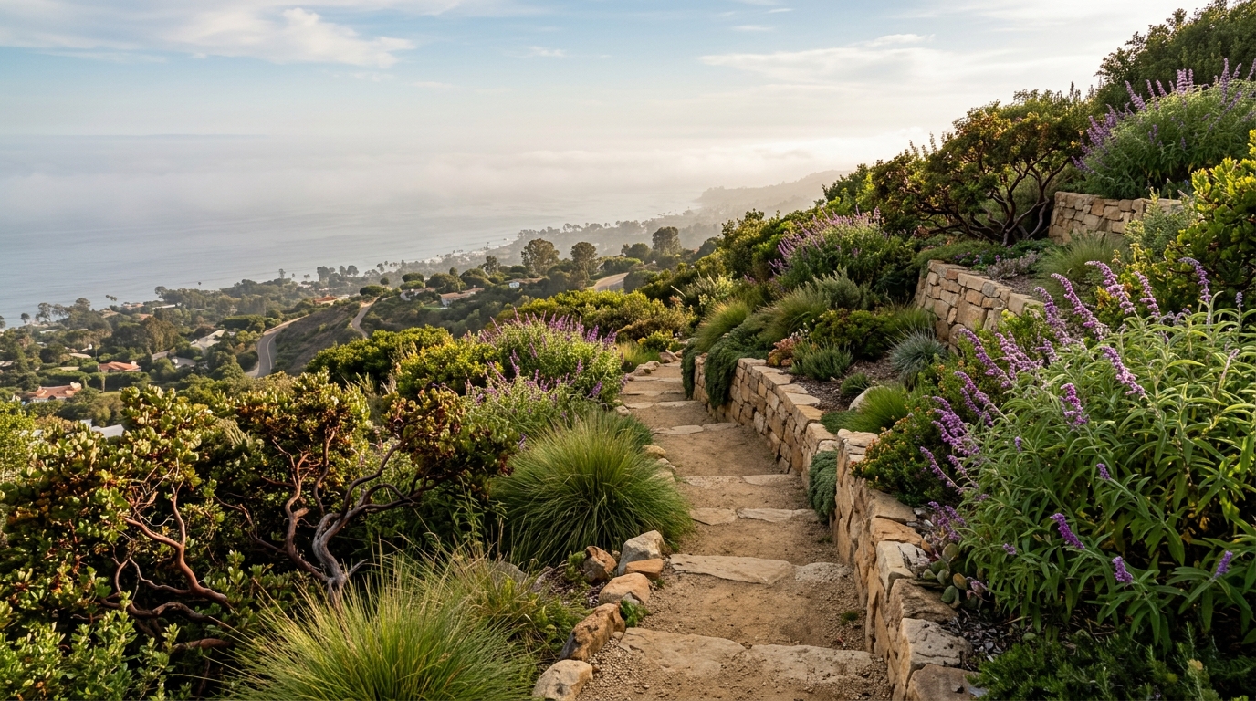Terraced hillside garden of sages and manzanita above the coast