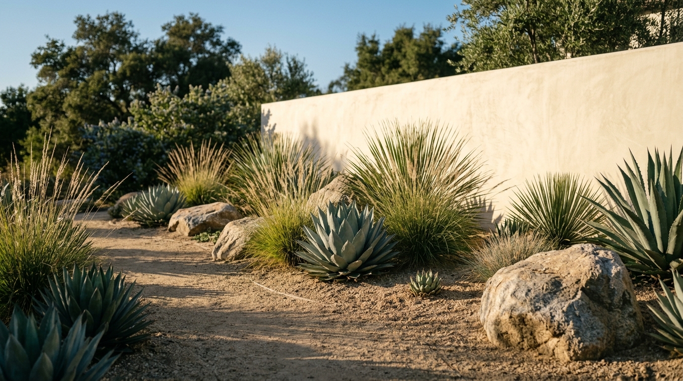 Drought-tolerant bed of agaves and deer grass among boulders
