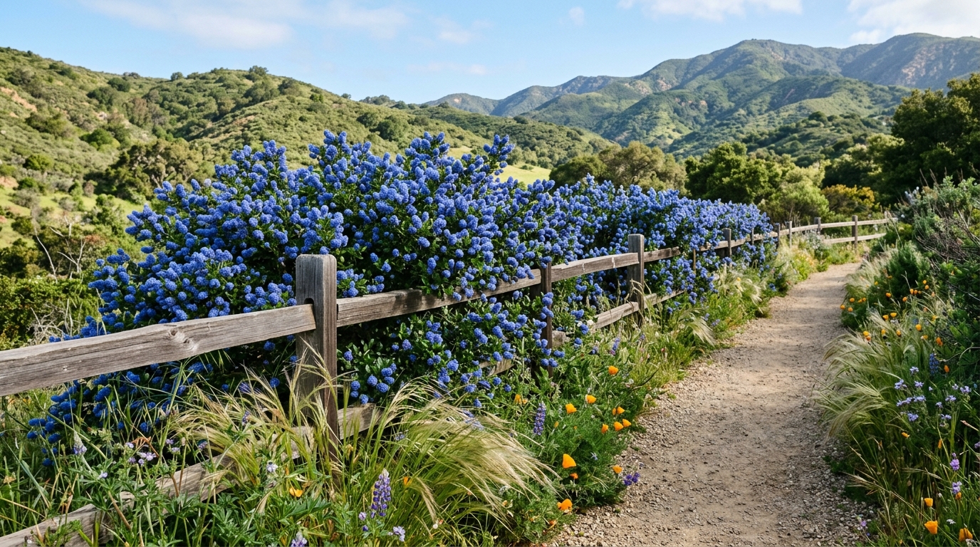 Blue ceanothus hedge along a wooden fence with bunch grasses