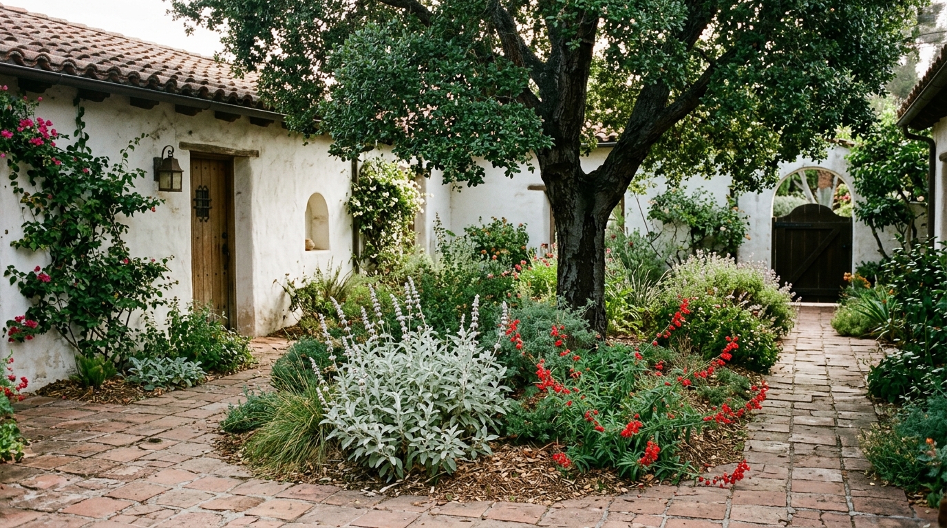 Courtyard with a native planting bed under a coast live oak