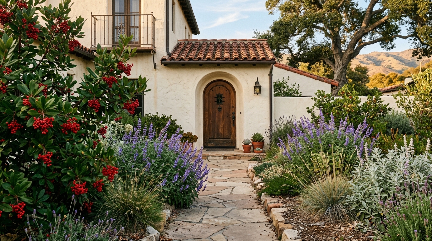 Home entry framed by toyon, sage and bunch grass