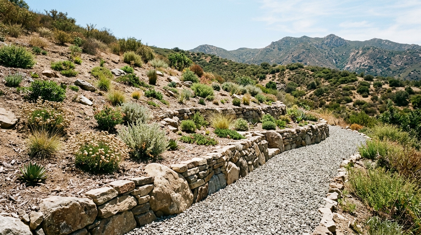 Fire-smart hillside planting with spaced natives and a stone retaining wall