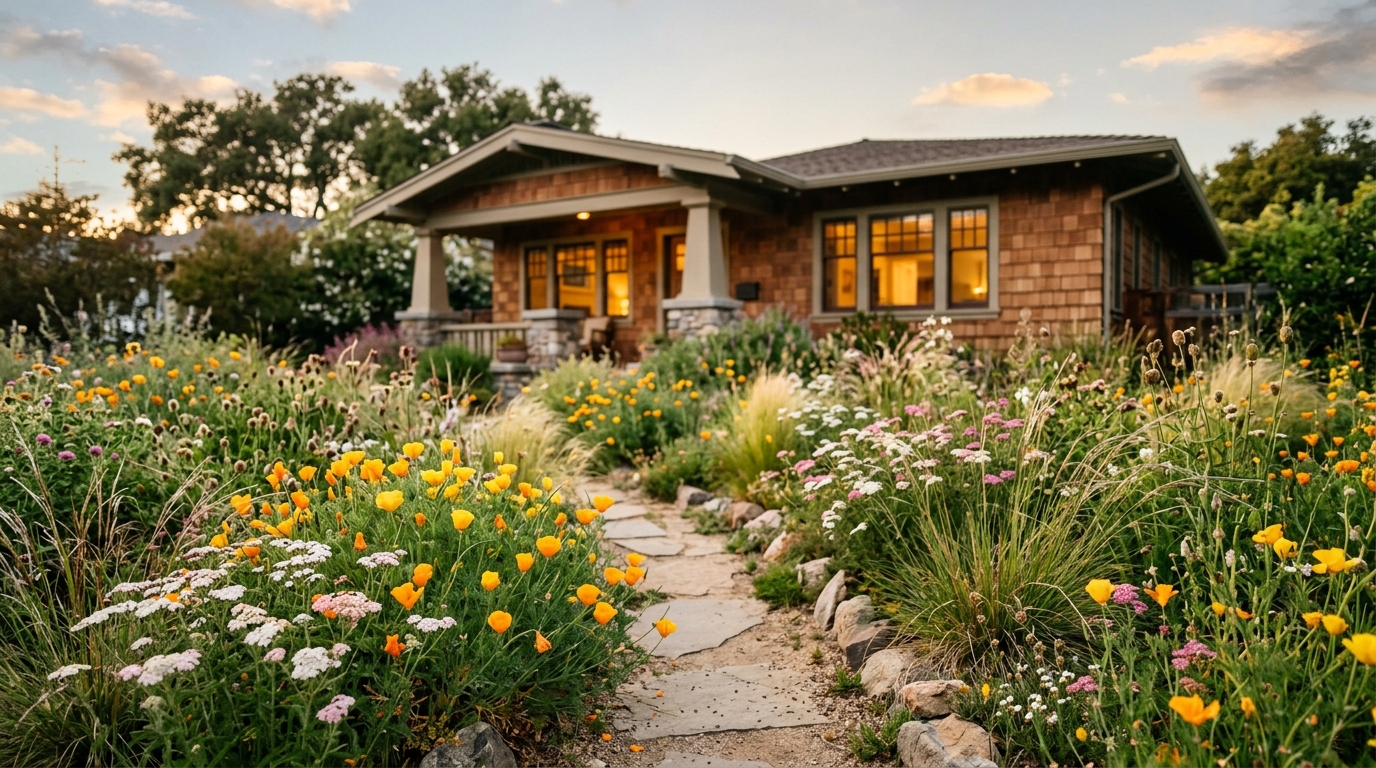 Native meadow garden replacing a front lawn in front of a craftsman bungalow