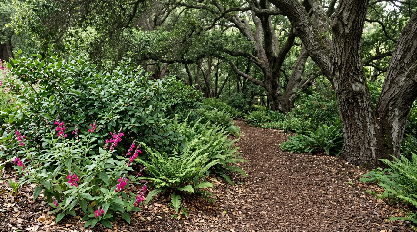 Planting under mature coast live oaks with coffeeberry and hummingbird sage