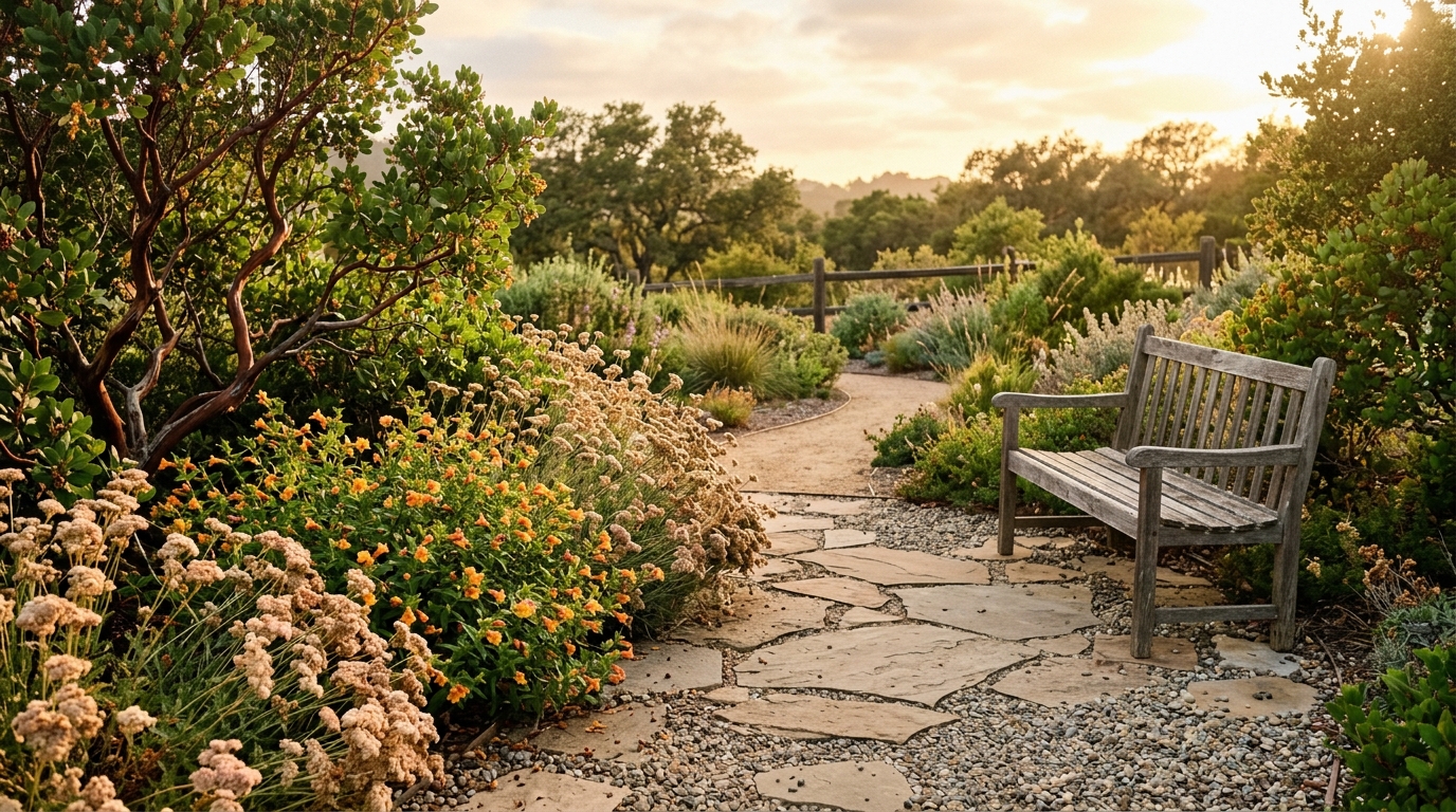 Backyard edge planted with manzanita, monkeyflower and buckwheat at golden hour