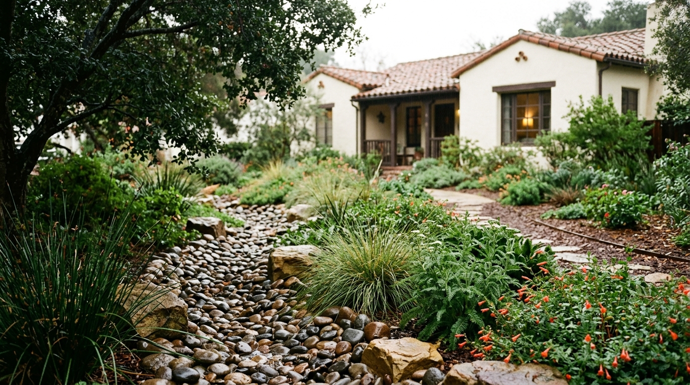 Dry creek of river cobbles through a front-yard rain garden after winter rain