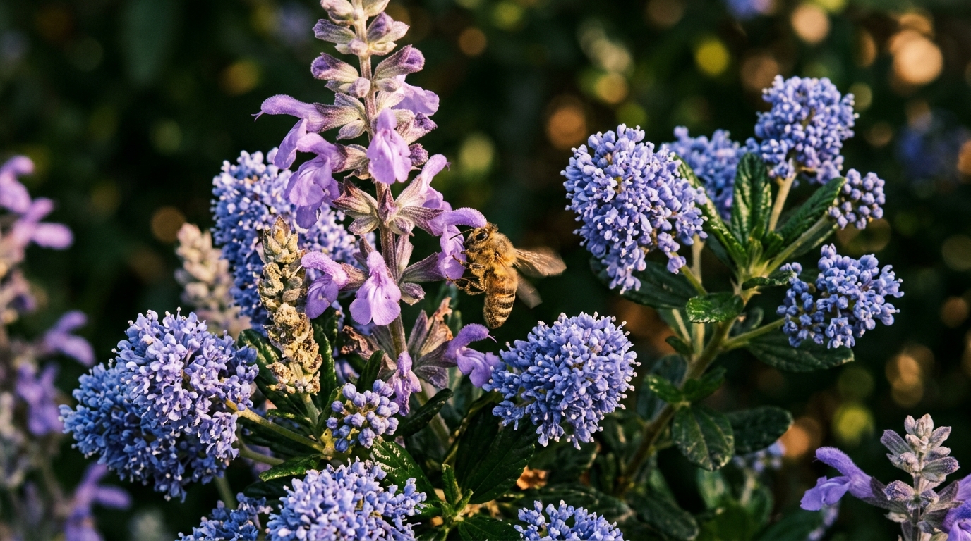 Close view of purple salvia and ceanothus blooms with a bee